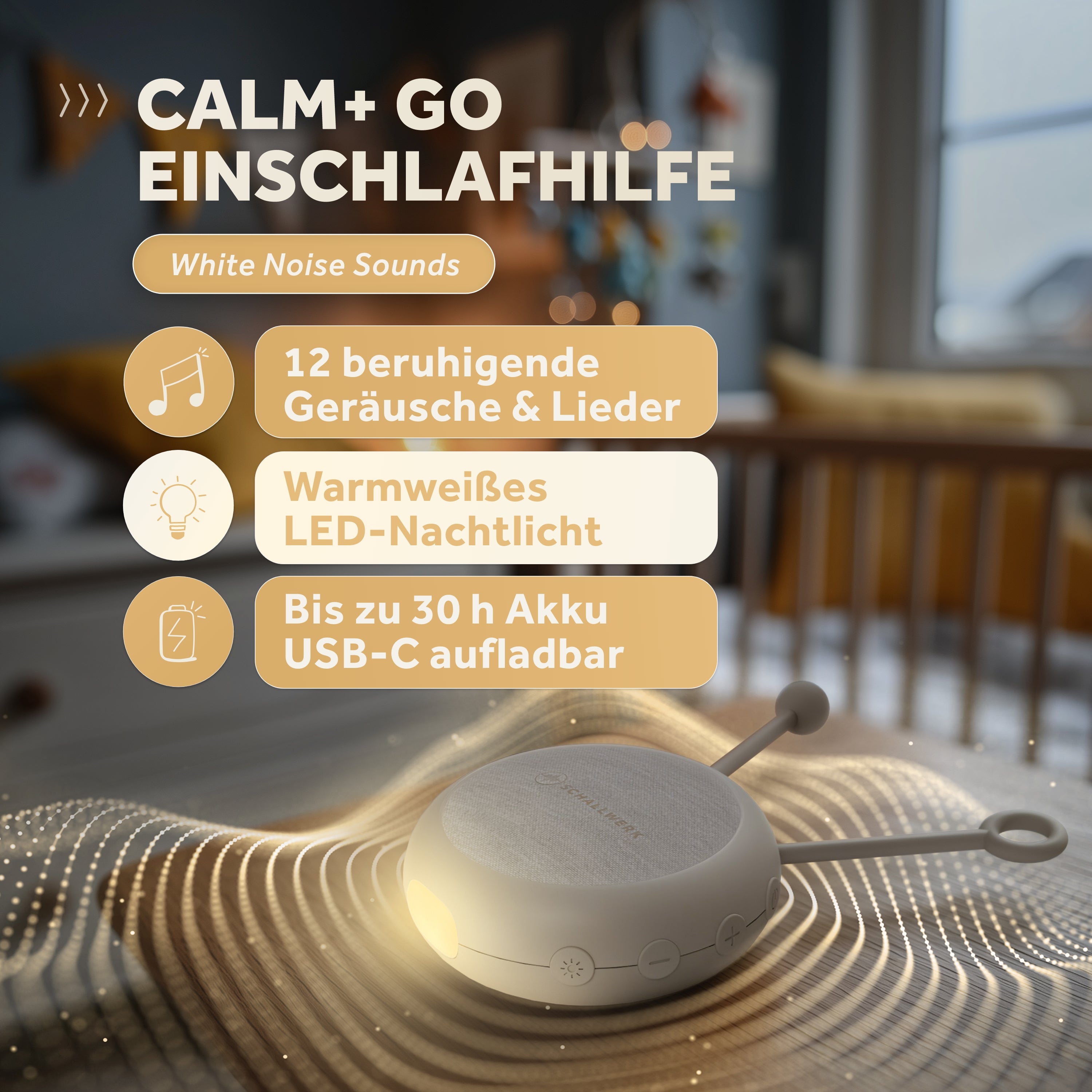 Schallwerk Calm+ go aparat zgomot alb bebelusi Stone Grey 12 sunete