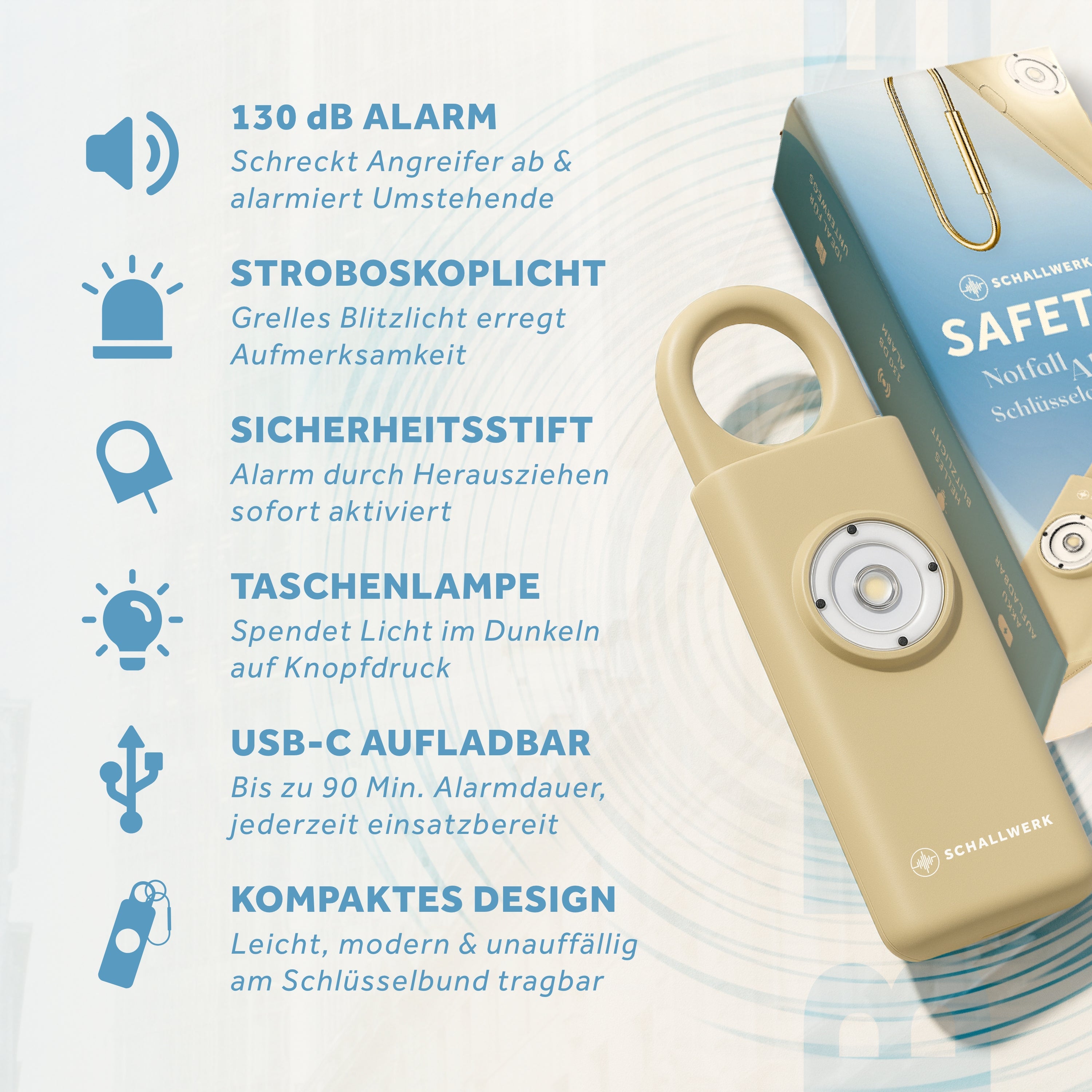 Schallwerk Safety+ alarma personala breloc bej 130 dB